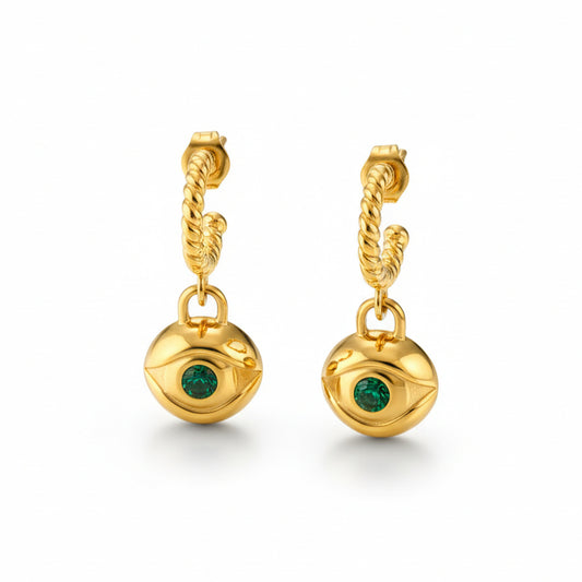 Alison Mariot evil eye earrings in 316L steel with 18K gold PVD and green Swarovski crystals