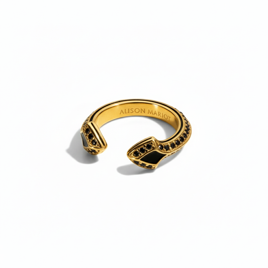 Alison Mariot shield ring in 316L steel with 18K gold PVD and black Swarovski crystals