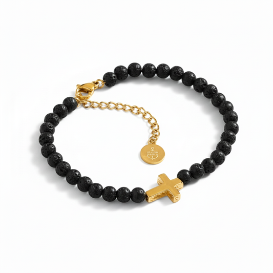 Alison Mariot cross bracelet in 316L steel with 18K gold PVD and black Swarovski crystals