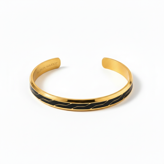Alison Mariot UrbanTech bangle in 316L steel with 18K gold PVD and black enamel
