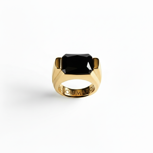 Alison Mariot Elaine ring in 316L steel with 18K gold PVD and natural black onyx