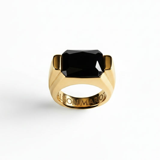 Alison Mariot Elaine ring in 316L steel with 18K gold PVD and natural black onyx