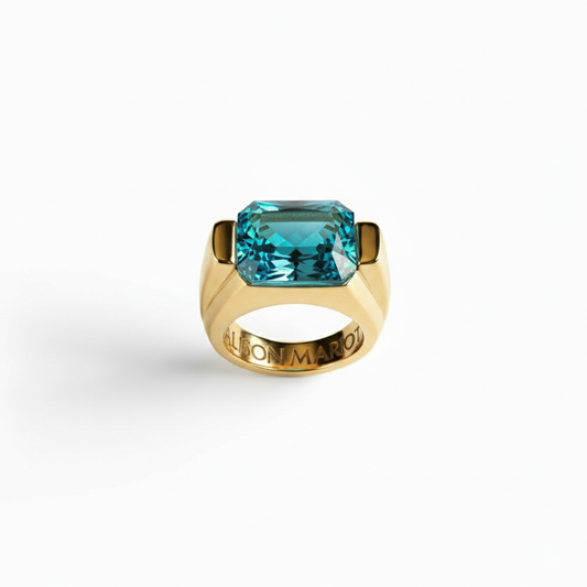 Alison Mariot Aqua Elegance ring in 316L steel with 18K gold PVD and natural aquamarine