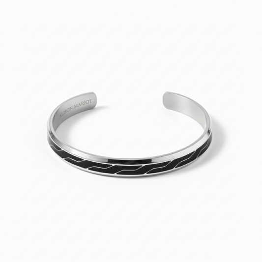 Alison Mariot UrbanTech bangle in 316L steel with silver finish and black enamel