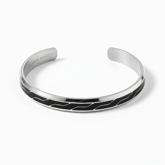 Alison Mariot UrbanTech bangle in 316L steel with silver finish and black enamel