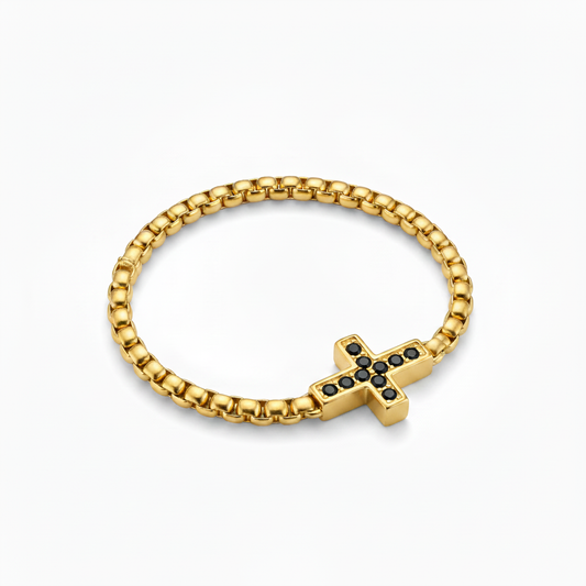 Alison Mariot cross bracelet in 316L steel with 18K gold PVD and black Swarovski crystals