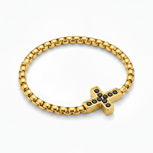 Alison Mariot cross bracelet in 316L steel with 18K gold PVD and black Swarovski crystals