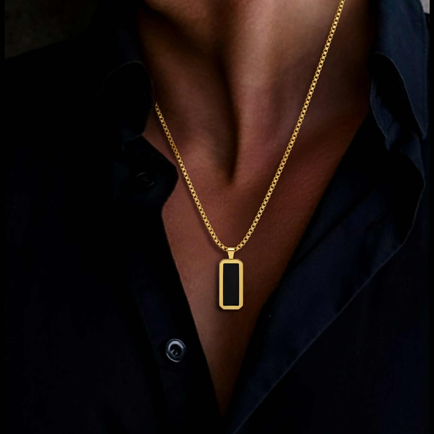 Box Chain Necklace (Black Onyx Stone)