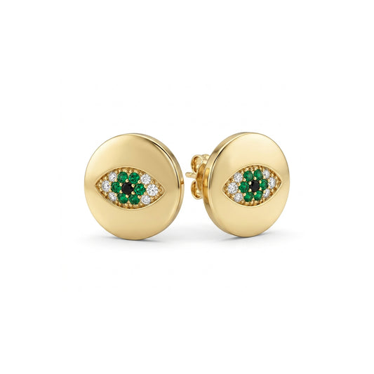 Alison Mariot evil eye earrings in 18K gold vermeil with green Swarovski crystals