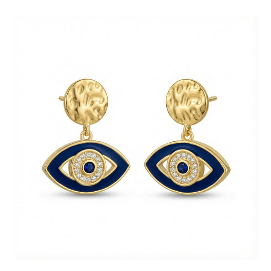 Alison Mariot evil eye earrings in 18K gold vermeil with white and blue Swarovski crystals