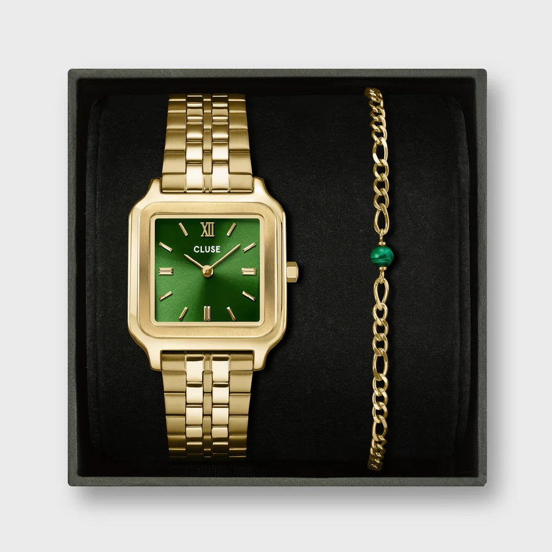 Gift Box Gracieuse Watch Steel Forest Green & Malachite Bracelet, Gold Colour