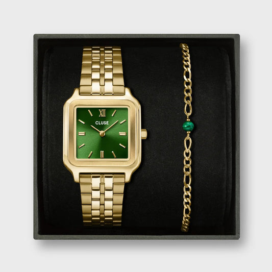 Gift Box Gracieuse Watch Steel Forest Green & Malachite Bracelet, Gold Colour