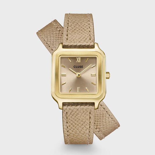 CLUSE Gracieuse Petite watch with rugby tan double leather strap and gold colour case