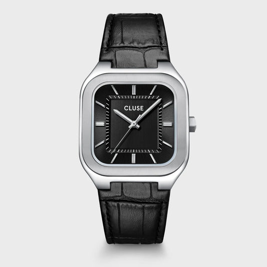 CLUSE Quadrus watch with black leather strap and silver colour case