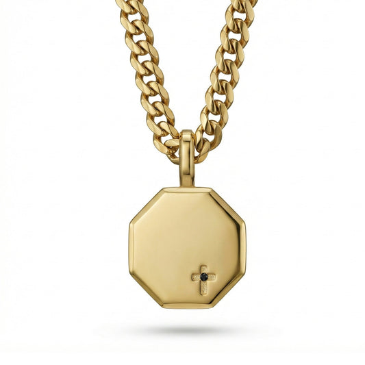 Alison Mariot engravable cross pendant on a Cuban chain in 18K gold vermeil