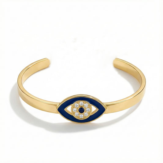 Alison Mariot evil eye cuff bracelet in 18K gold vermeil with white and blue Swarovski crystals