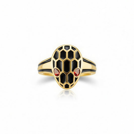 Alison Mariot Rouge Serpentine snake ring in 316L steel with 18K gold PVD and red Swarovski crystals