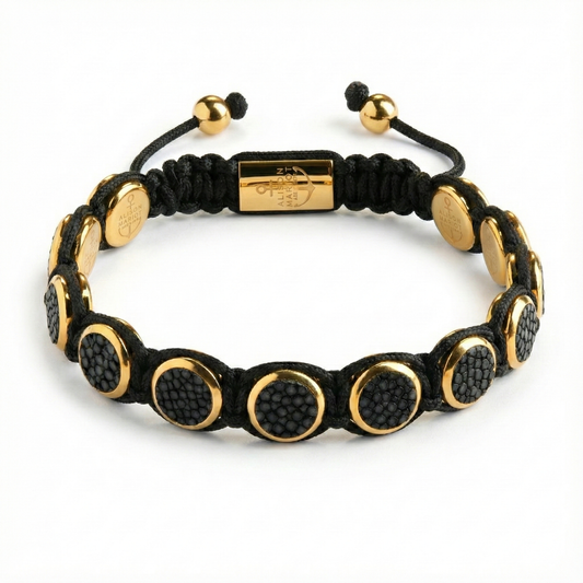 Alison Mariot Luksus black leather bracelet with 18K gold PVD detailing