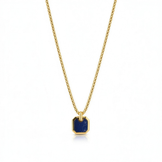 Alison Mariot Streamline tag necklace in 316L steel with 18K gold PVD and natural lapis lazuli