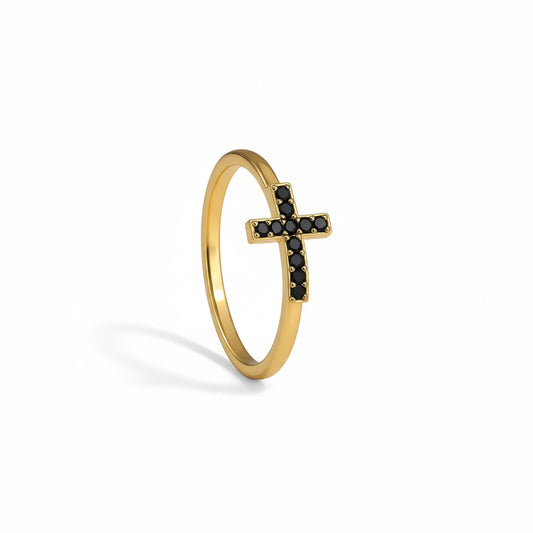 Alison Mariot Crusea cross ring in 18K gold vermeil with black Swarovski crystals
