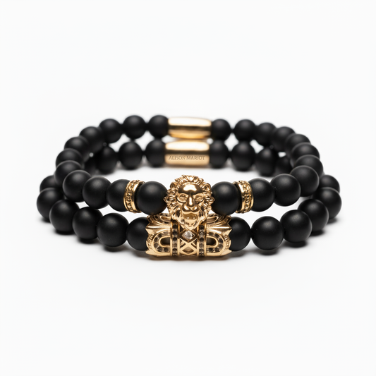 Alison Mariot beaded bracelet in natural matte black onyx with 18K gold PVD lion