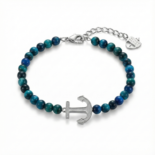 Alison Mariot anchor bracelet in natural blue tiger eye with 18K gold PVD