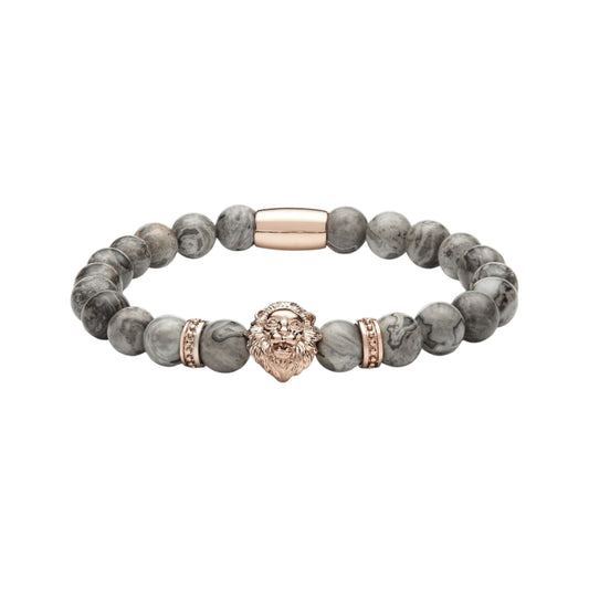 Alison Mariot beaded bracelet in natural grey jasper with rose gold PVD lion