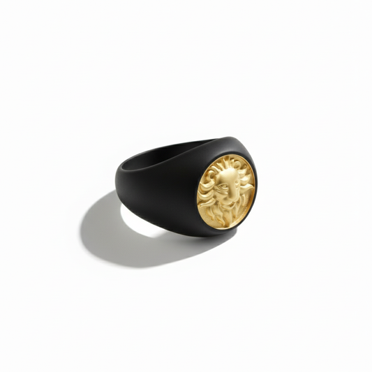 Alison Mariot lion ring in 316L steel with black rhodium and 18K gold PVD emblem