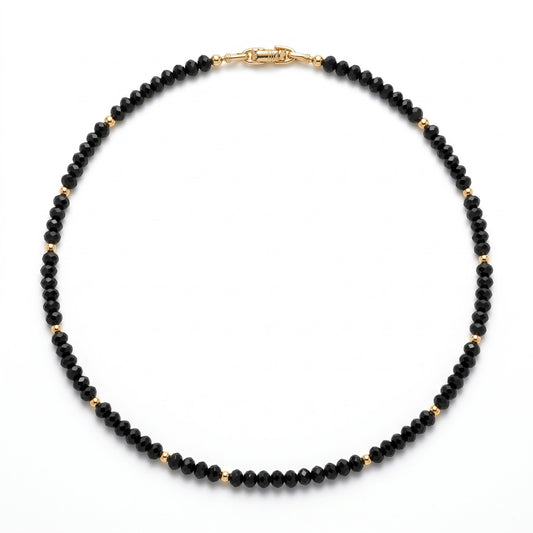 Alison Mariot AVÉRON necklace in natural faceted black onyx with titanium and 18K gold PVD, 50 cm