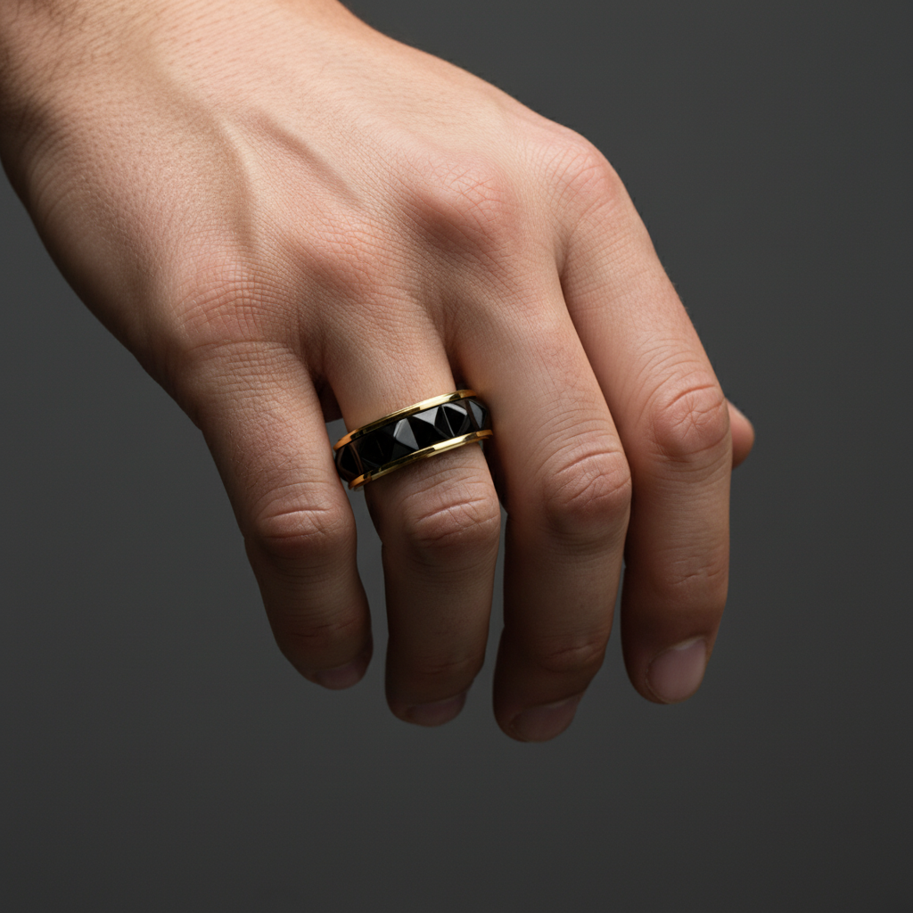 Alison Mariot pyramid band ring in 316L steel with 18K gold PVD and Swarovski crystals — alternate view