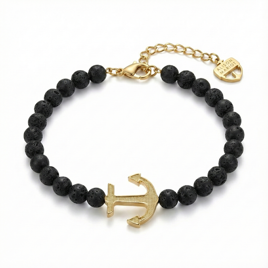 Alison Mariot anchor bracelet in natural volcanic lava stone with 18K gold PVD