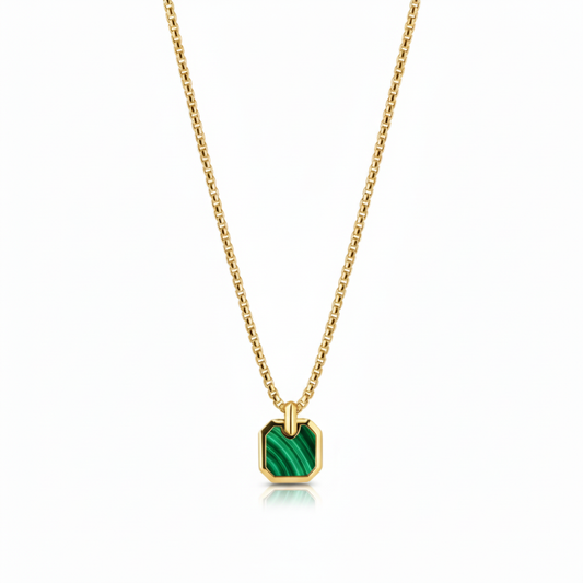 Alison Mariot Streamline tag necklace in 316L steel with 18K gold PVD and natural malachite