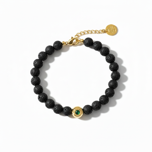 Alison Mariot evil eye bracelet in 316L steel with 18K gold PVD and black Swarovski crystals