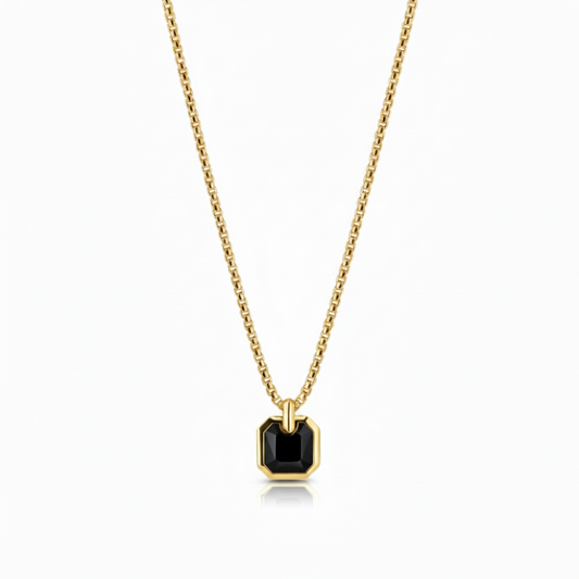 Alison Mariot Streamline tag necklace in 316L steel with 18K gold PVD and natural black onyx