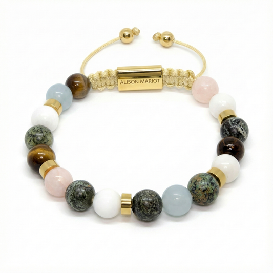 Alison Mariot beaded bracelet in natural rose quartz, labradorite, aquamarine and tiger eye