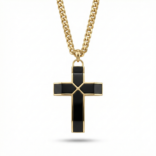 Alison Mariot Creed cross pendant in 316L steel with 18K gold PVD and black enamel