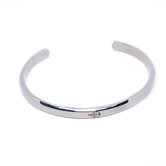 Alison Mariot adjustable bangle in 316L steel with silver finish and embossed logo
