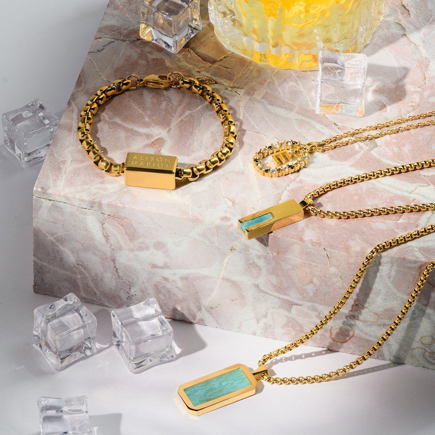 Box Chain Necklace (Aquamarine Stone)