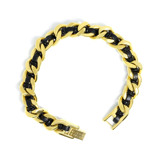 Alison Mariot woven black leather bracelet with 18K gold PVD clasp