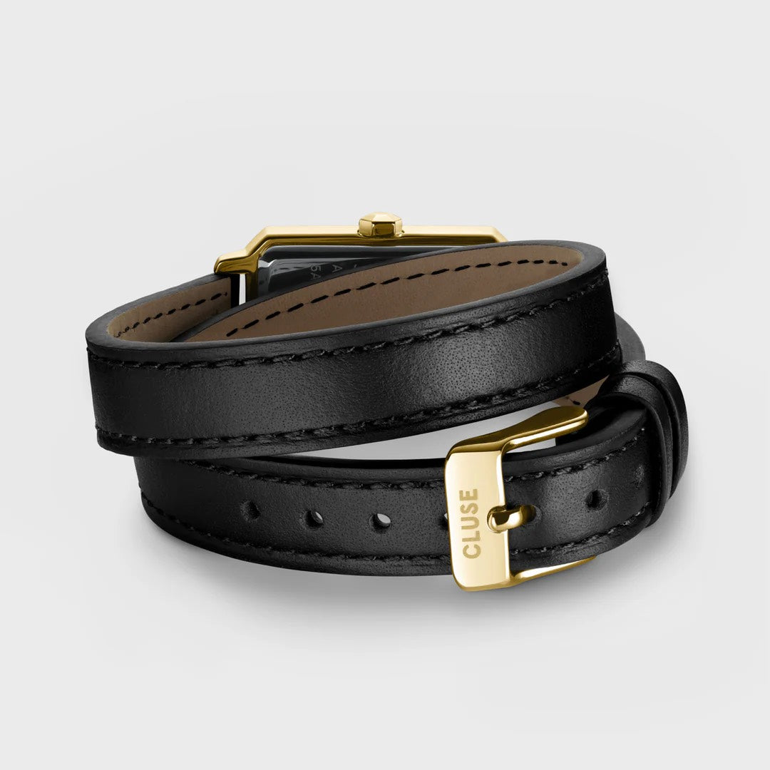 Fluette Watch Double Leather Black, Gold Colour