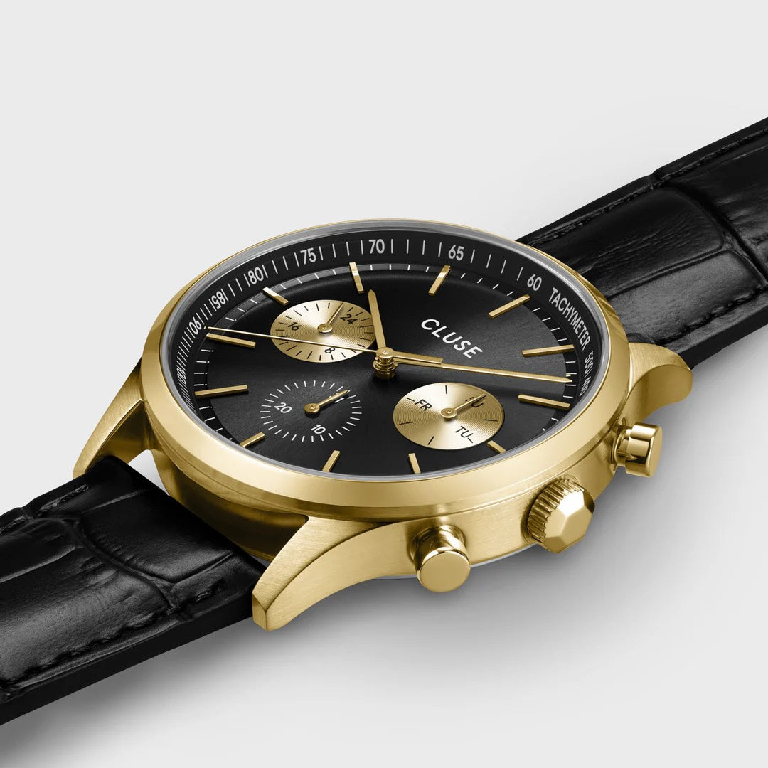 Anthéor Multifunction Watch Leather, Black, Gold Colour