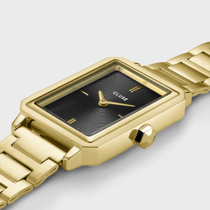 Fluette Watch Steel, Circular Texture Black, Gold Colour