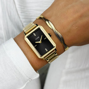 Fluette Watch Steel, Circular Texture Black, Gold Colour