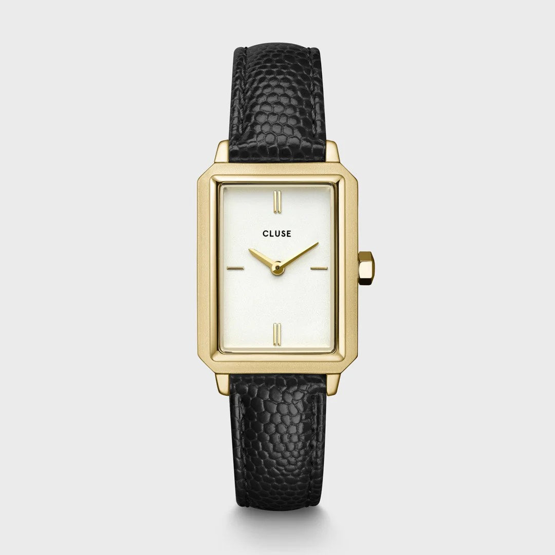 CLUSE Fluette watch with black lizard-effect leather strap and gold colour case