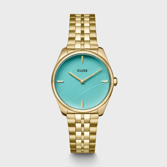 Féroce Petite Watch Steel, Leaf Texture Pool Blue, Gold Colour