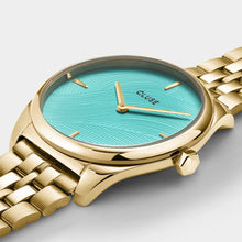 Load image into Gallery viewer, Féroce Petite Watch Steel, Leaf Texture Pool Blue, Gold Colour