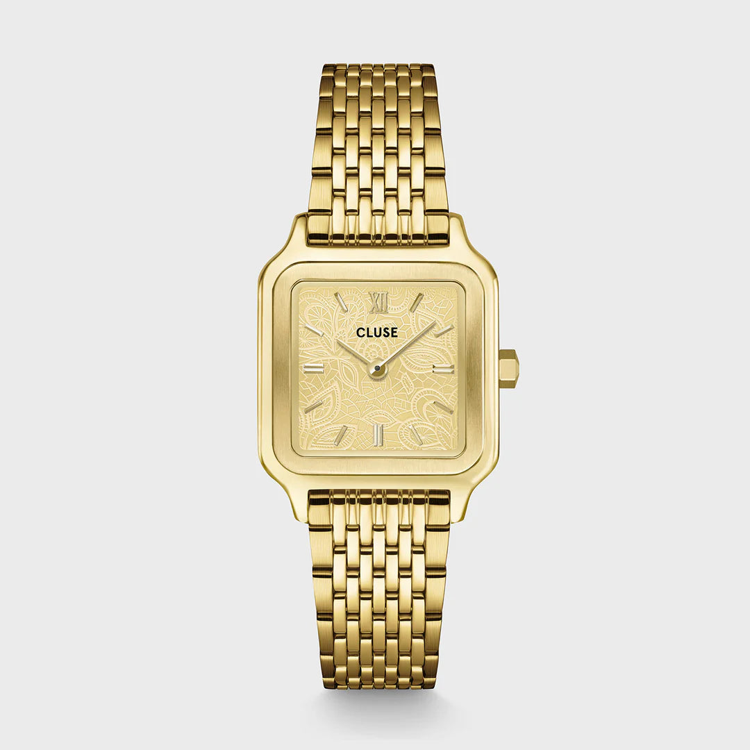CLUSE Gracieuse Petite watch in steel with lace-textured dial and gold colour finish