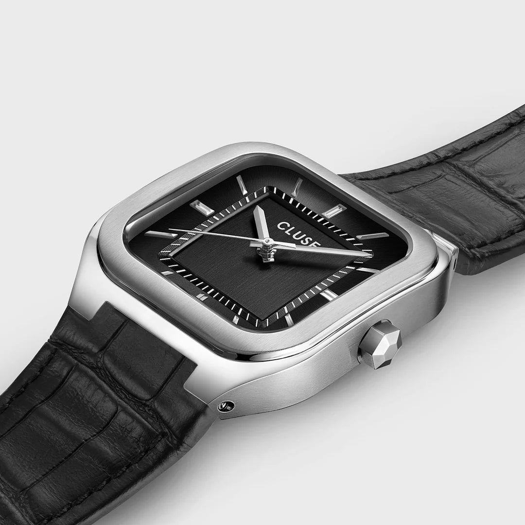 Quadrus Watch Leather, Black, Silver Colour