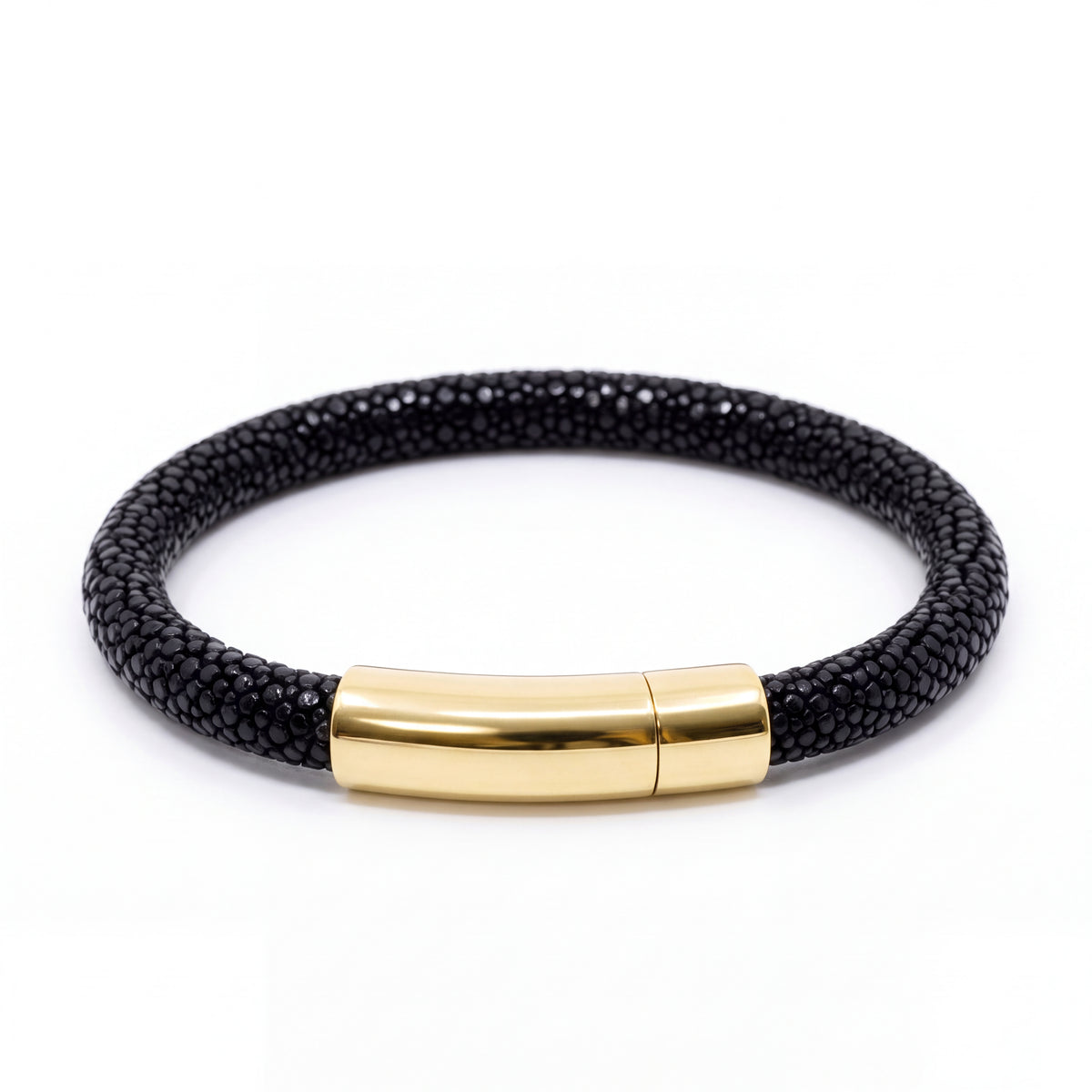 Alison Mariot black stingray leather bracelet with gold clasp — front view