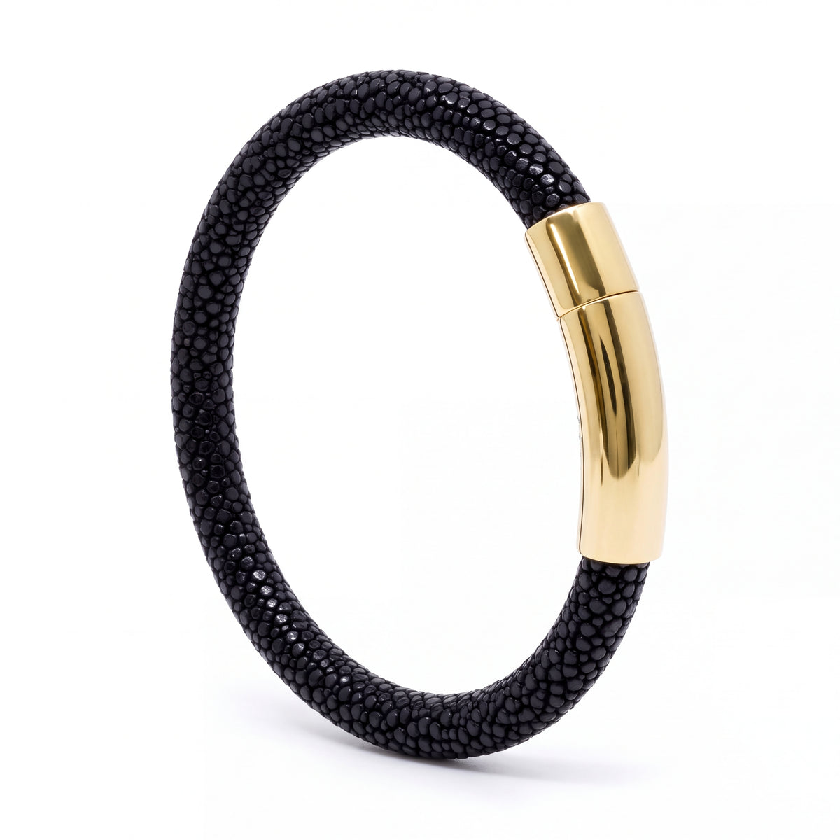 Alison Mariot black stingray leather bracelet with gold clasp — angled view